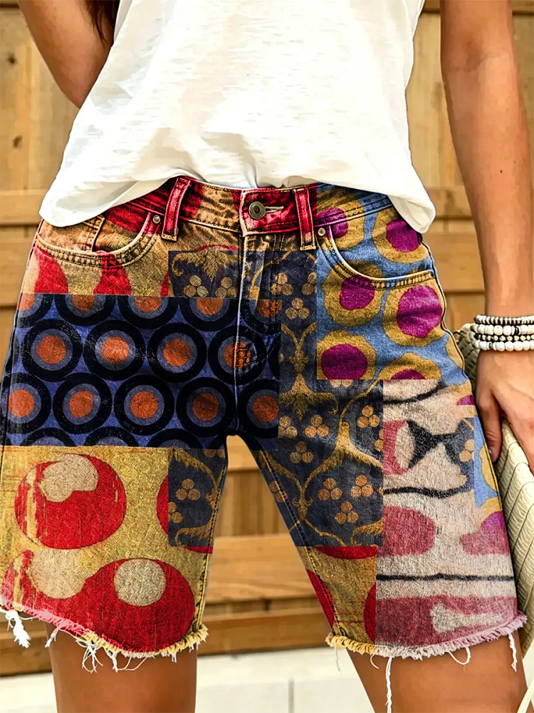 Women's Abstract Geometric Print Denim Shorts
