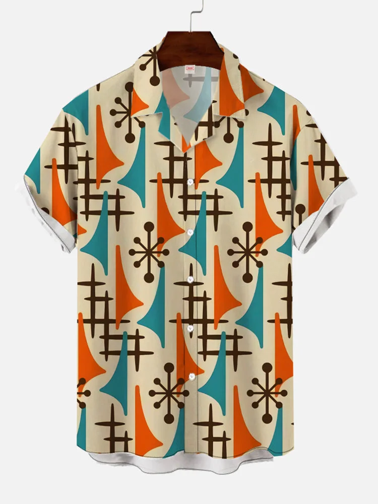 Medieval Atomic Starburst Vintage Abstract Geometric Pattern Printing Cuban Collar Men's Short Sleeve Shirt