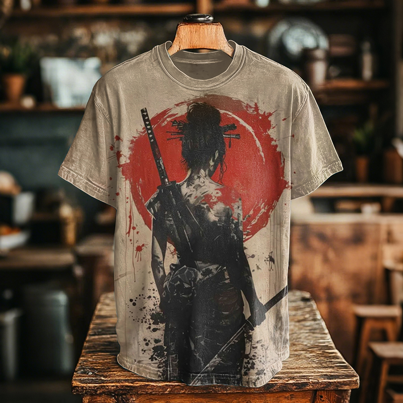 Vintage Elegant Japanese Cool Warrior Girl Art Print T-shirt elevenforest