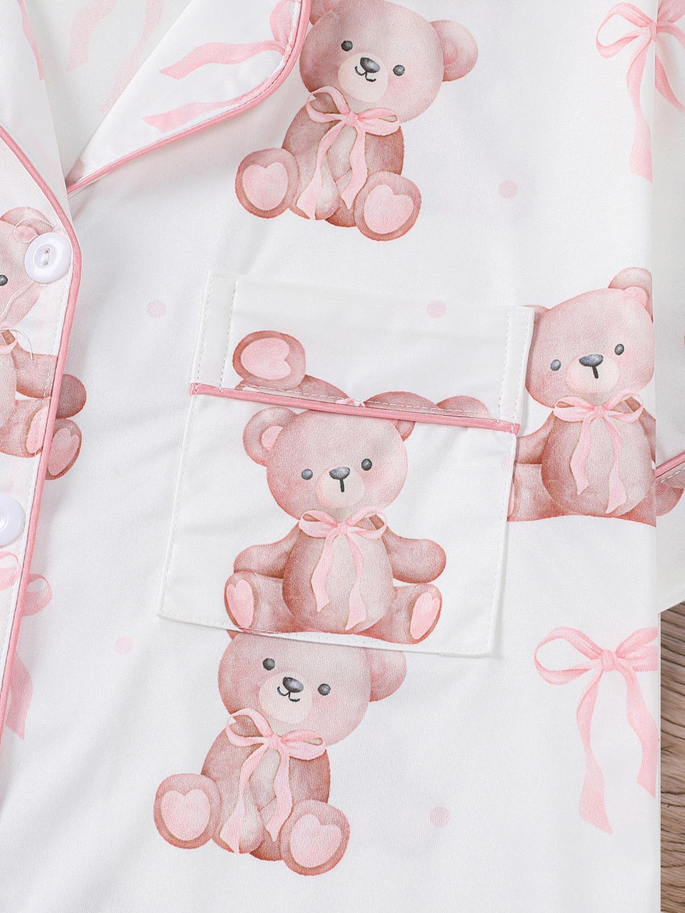 Women's Bear Print Knit Short Sleeve Top & Elastic Waist Shorts Pajama Set, Casual Fit Comfy Soft Cute Shirt & Shorts Loungewear Set, Ladies Sleepwear for Summer Pjs