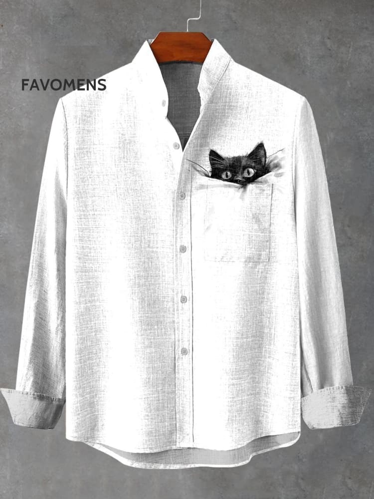 Pocket Black Cat Print 100% Cotton Long Sleeve Shirt Multicolor / S