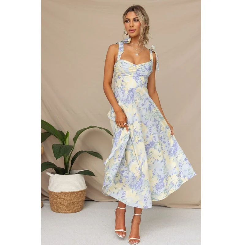 Sonicelife Summer new slimming thin waist V-neck suspenders printed mid-length dress women's fake club party dress Vestidos