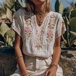 Women's Vintage Pink Floral Art Embroidery Linen T-shirt - Image 2