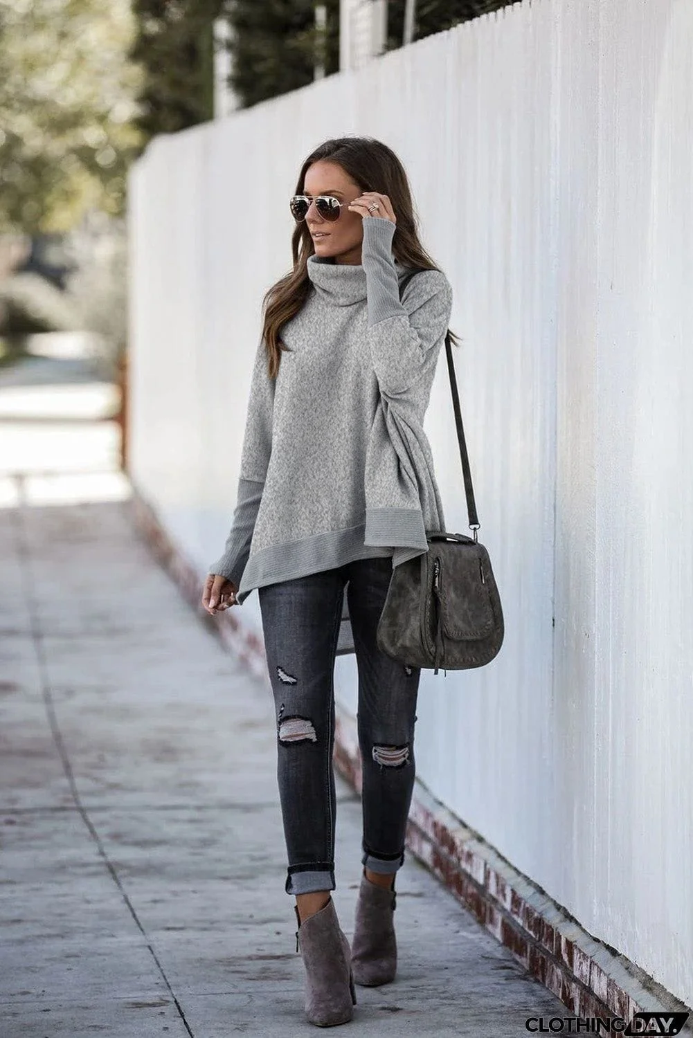 Turtleneck Bat Sleeve Side Slit Tunic Top