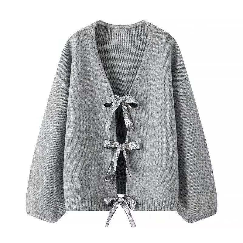 Woherb Woherb 2024 New Women's Sequins Bow Ornaments Loose Knit Sweater Cardigan W091 1766-Outfit Ideas