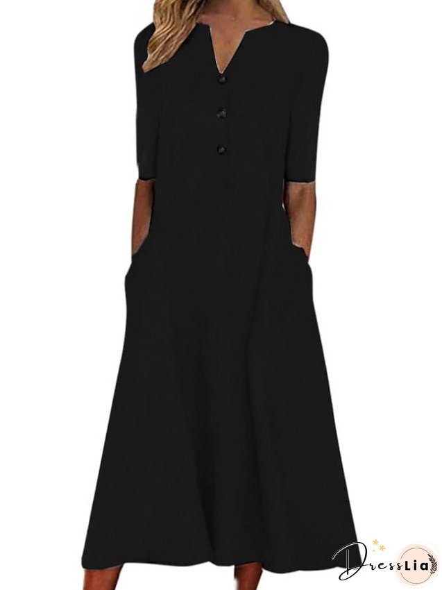 Cotton Linen Dress Casual Dress Midi Dress Cotton Blend Casual Outdoor Daily Vacation V Neck Button Pocket Short Sleeve Summer Spring Loose Fit Black White Navy Blue Pure Color S M L XL for Women
