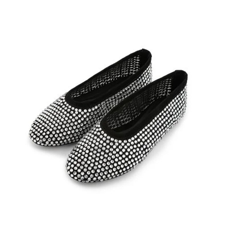 VCshoes Rhinestone Shoes For Women Round Toe Ladies Shallow Female Falt Heels Sewing Lines Chassure Femme Crystal Zapatos Mujer