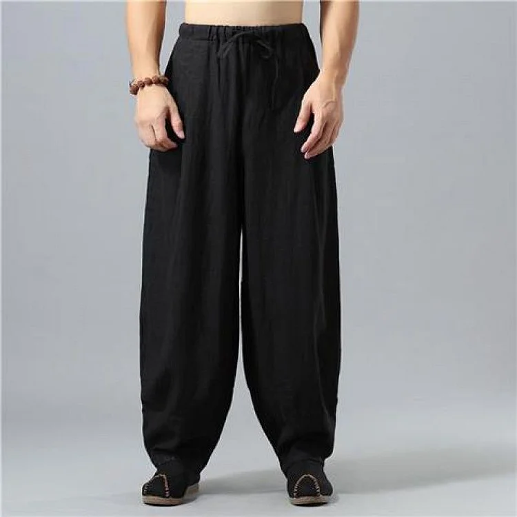 Cotton Linen Sports Pants Men's Summer Loose Wide Leg Pants