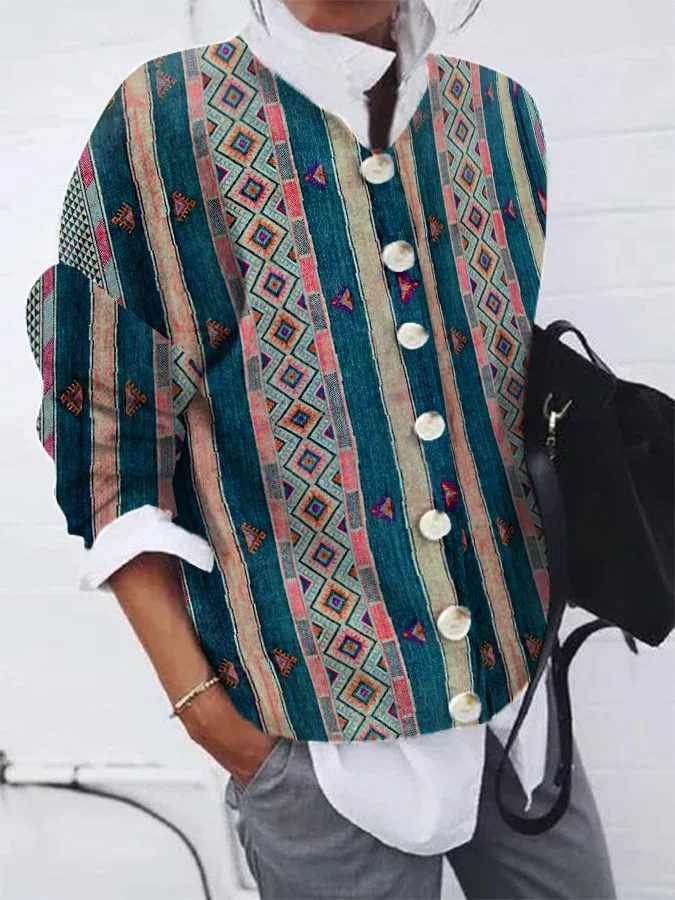 Women's Retro Western Print Plush Cardigan