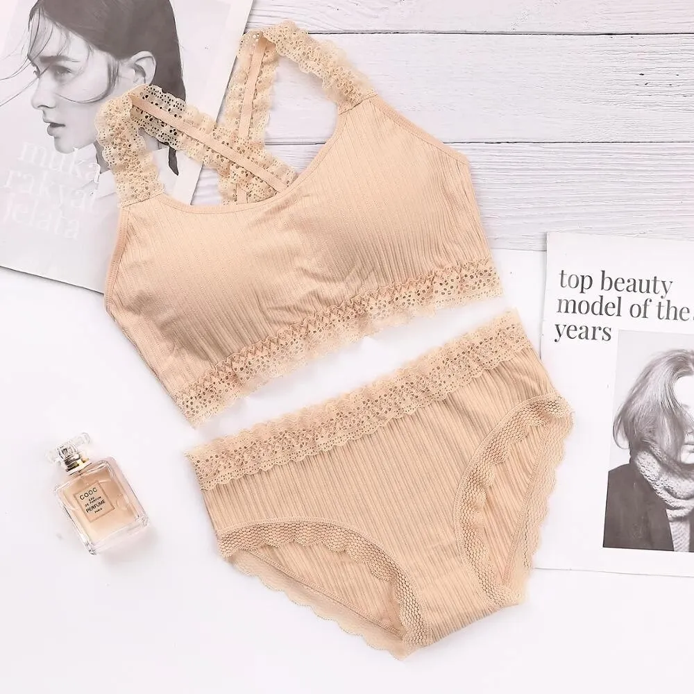 Billionm New Lace Breast Wrap Set Sross Straps Push Up Wireless Bra Comfortable breathable Underwear Panties For Women