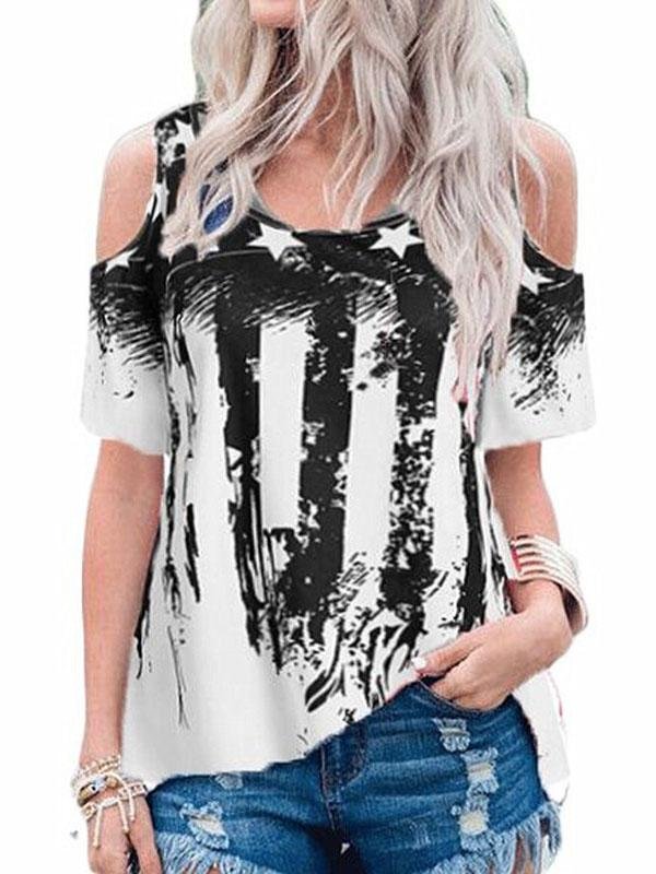 Women's Stylish Star-printed Off-The-Shoulder Short-Sleeved T-shirt