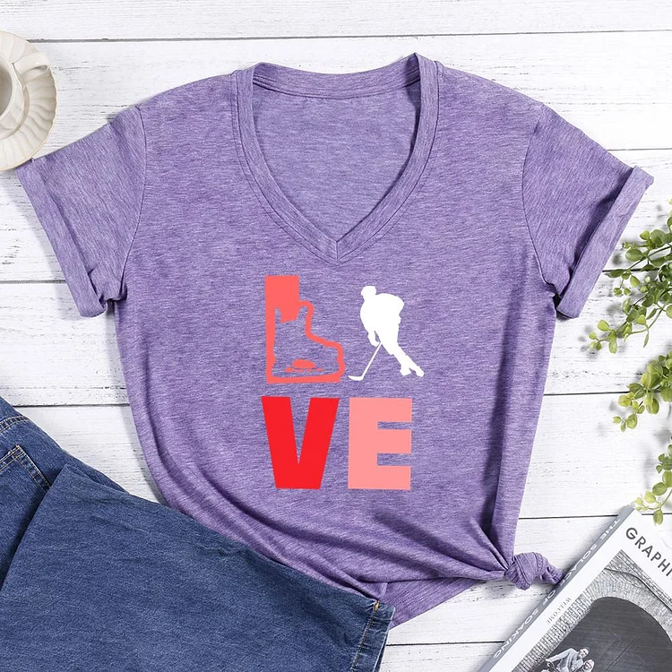 Love Hockey V-neck T Shirt-Annaletters