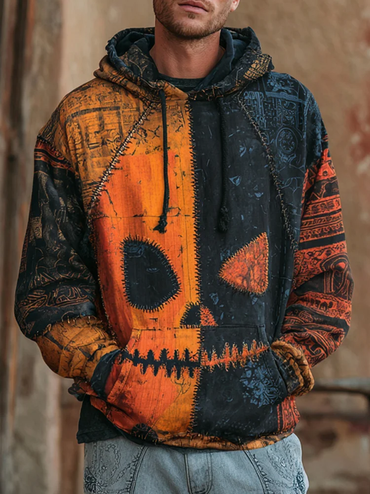 Halloween Pumpkin Emoji Vintage Color Clash Men's Hoodie