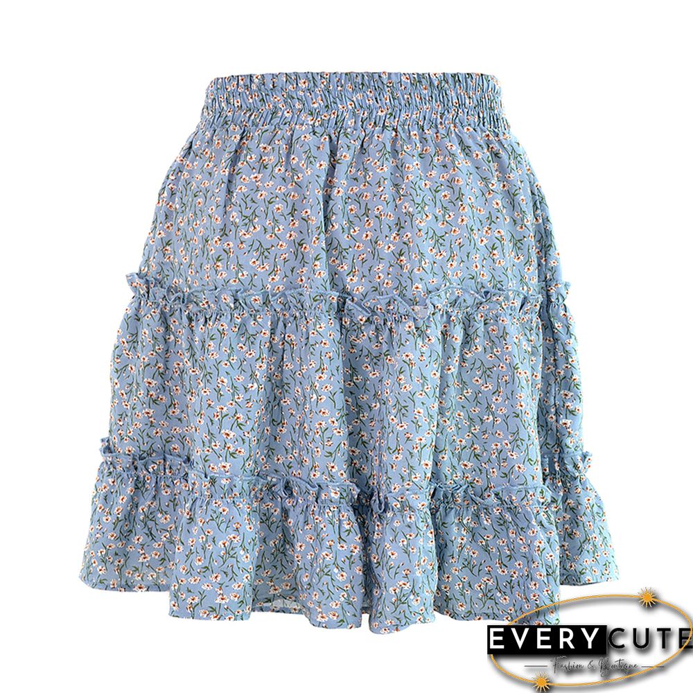 Light Blue Floral Print A-Line Mini Skrit