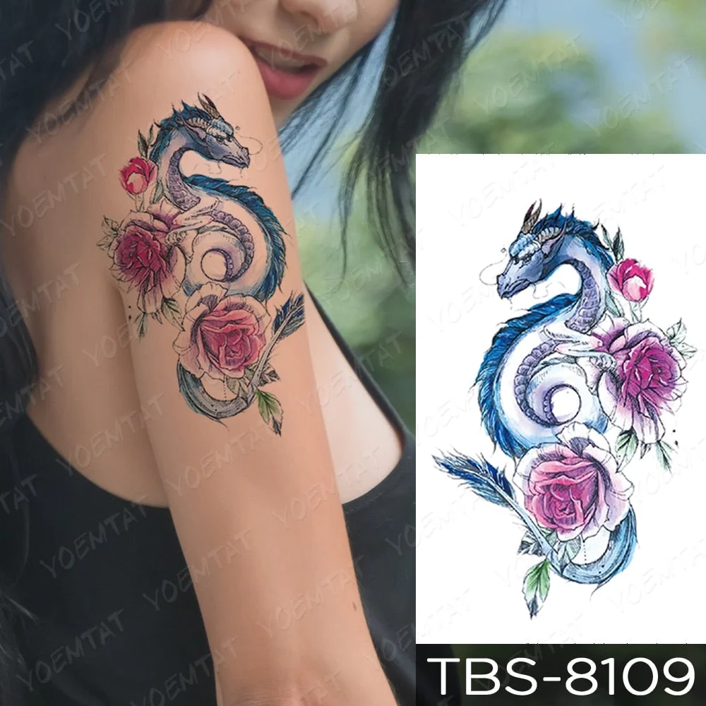 Waterproof Temporary Tattoo Sticker Dragon Rose Cat Unicorn Dreamcatcher Flash Tattoos Witch Snake Body Art Arm Fake Tatoo Women