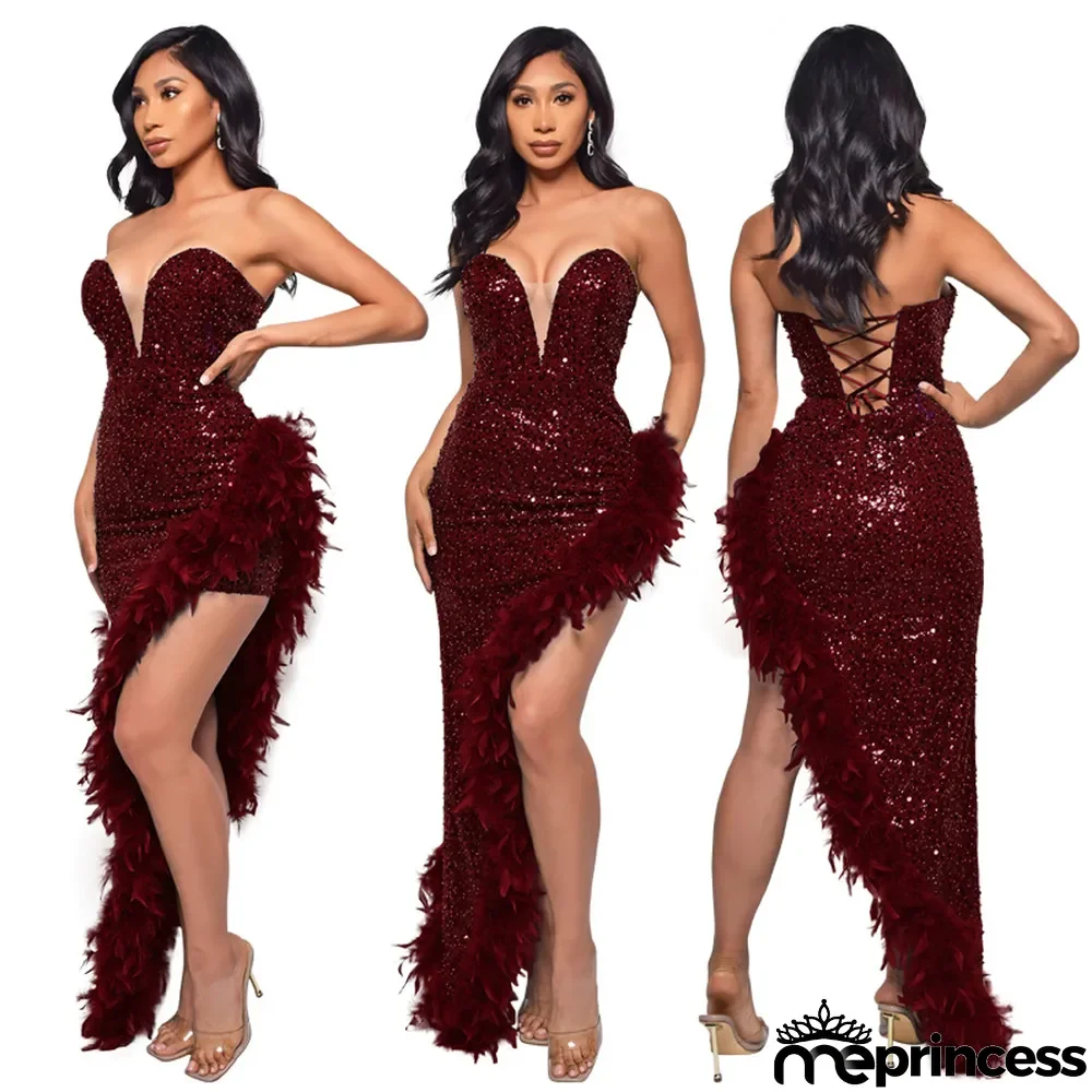 Women Sexy Off Shoulder Backless Sequin Feather Dress