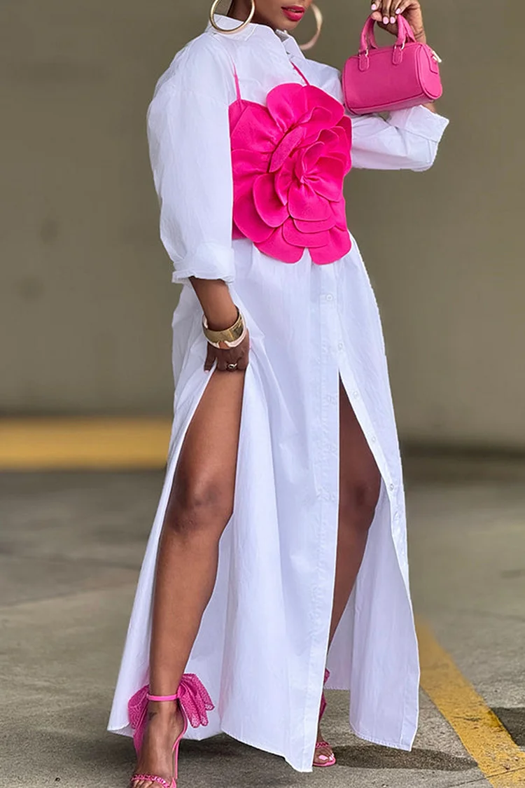 Plus Size Vacation White Shirt Collar Long Sleeve 3D Button Maxi Dresses [Pre-Order]