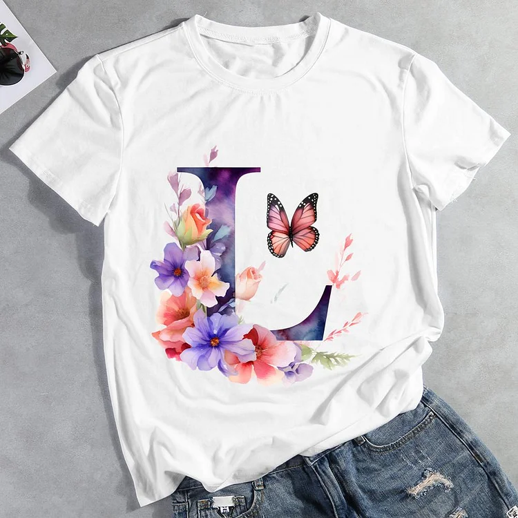 Butterfly Alphabet L Round Neck T-shirt-Annaletters