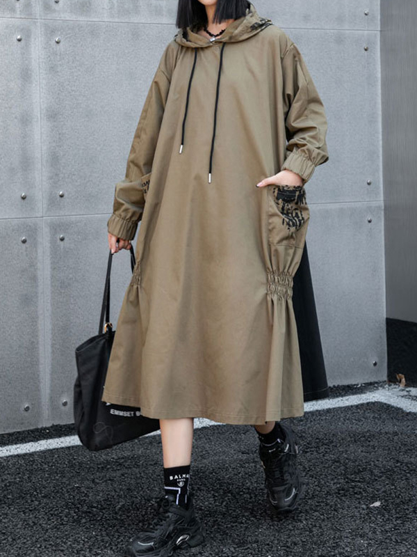 Loose Long Sleeve Color Matching Hooded Midi Dress