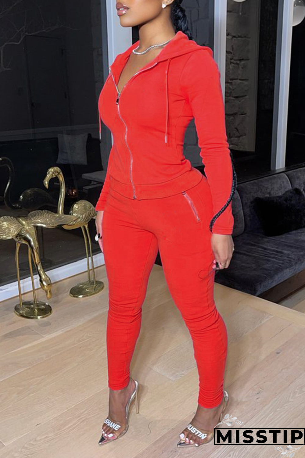 Red Casual Solid Patchwork Hooded Collar Long Sleeve Two Pieces