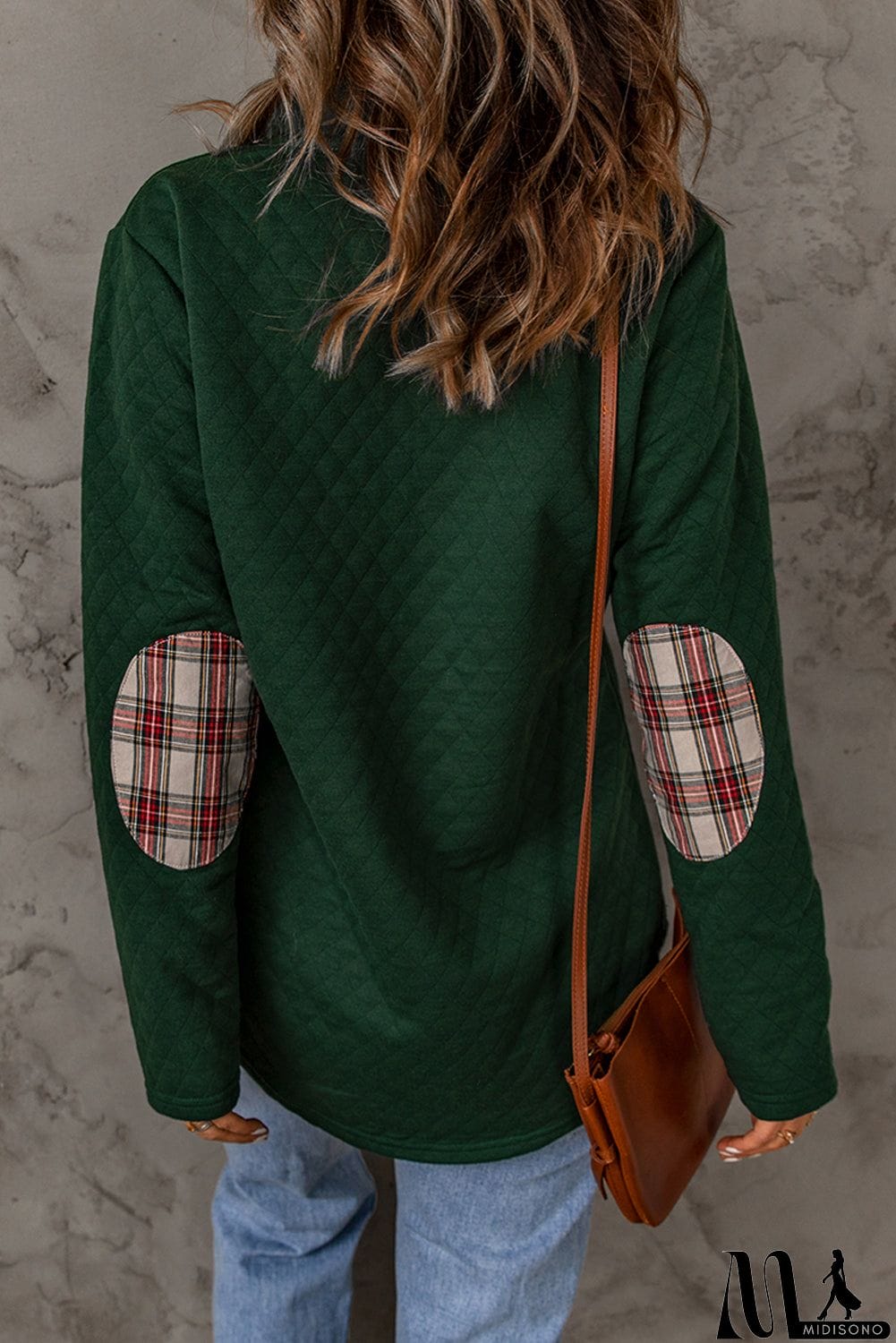 MidiSono - Geometric Texture Plaid Trim Sweatshirt