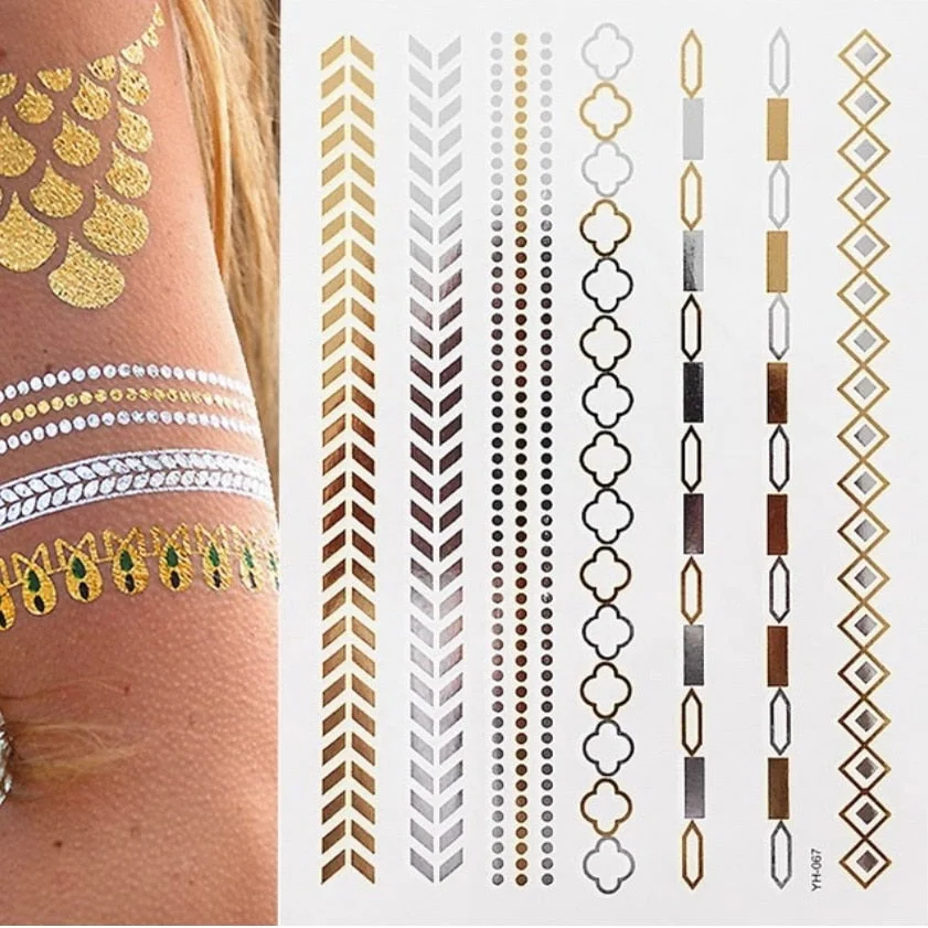 Women Body Art Gold Silver Metallic Tattoo Sticker Chain Bracelet Fake Jewelry Waterproof Temporary Tattoo Arm Sleeve Hand Wrist
