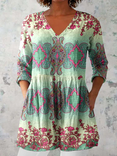 Womens  Vintage  Floral Pattern Casual Linen V-Neck Shirt