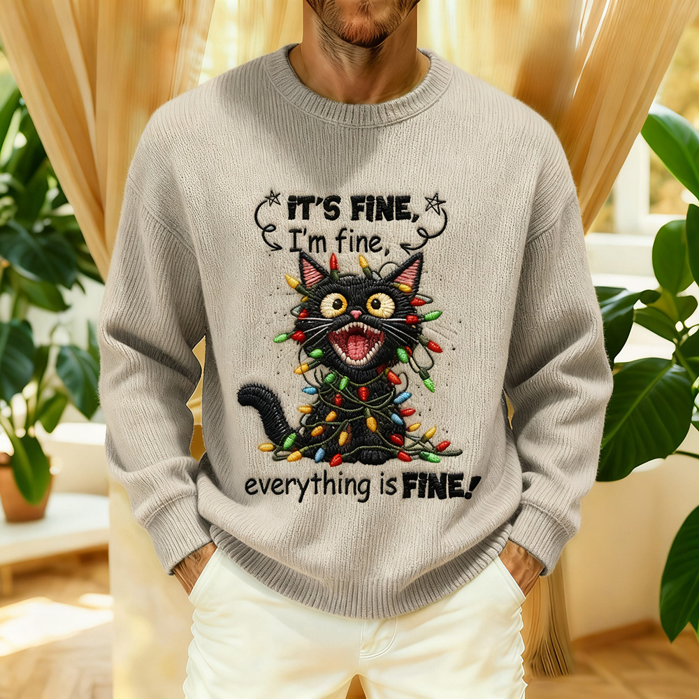 Men's It's Fine Christmas Cat Embroidered Cozy Knit Sweater elevenforest