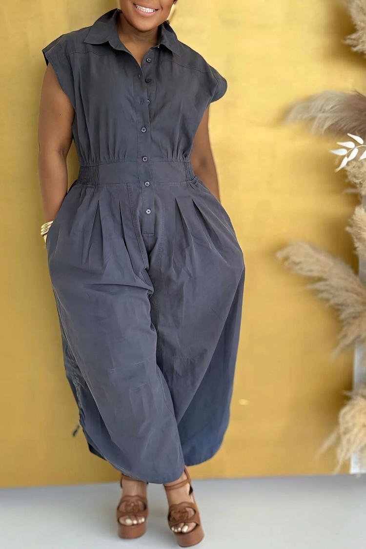 Plus Size Business Casual Grey Casual Shirt Collar Flutter Sleeve Short Sleeve Pocket Wide Leg Jumpsuits 2024 - Xpluswear