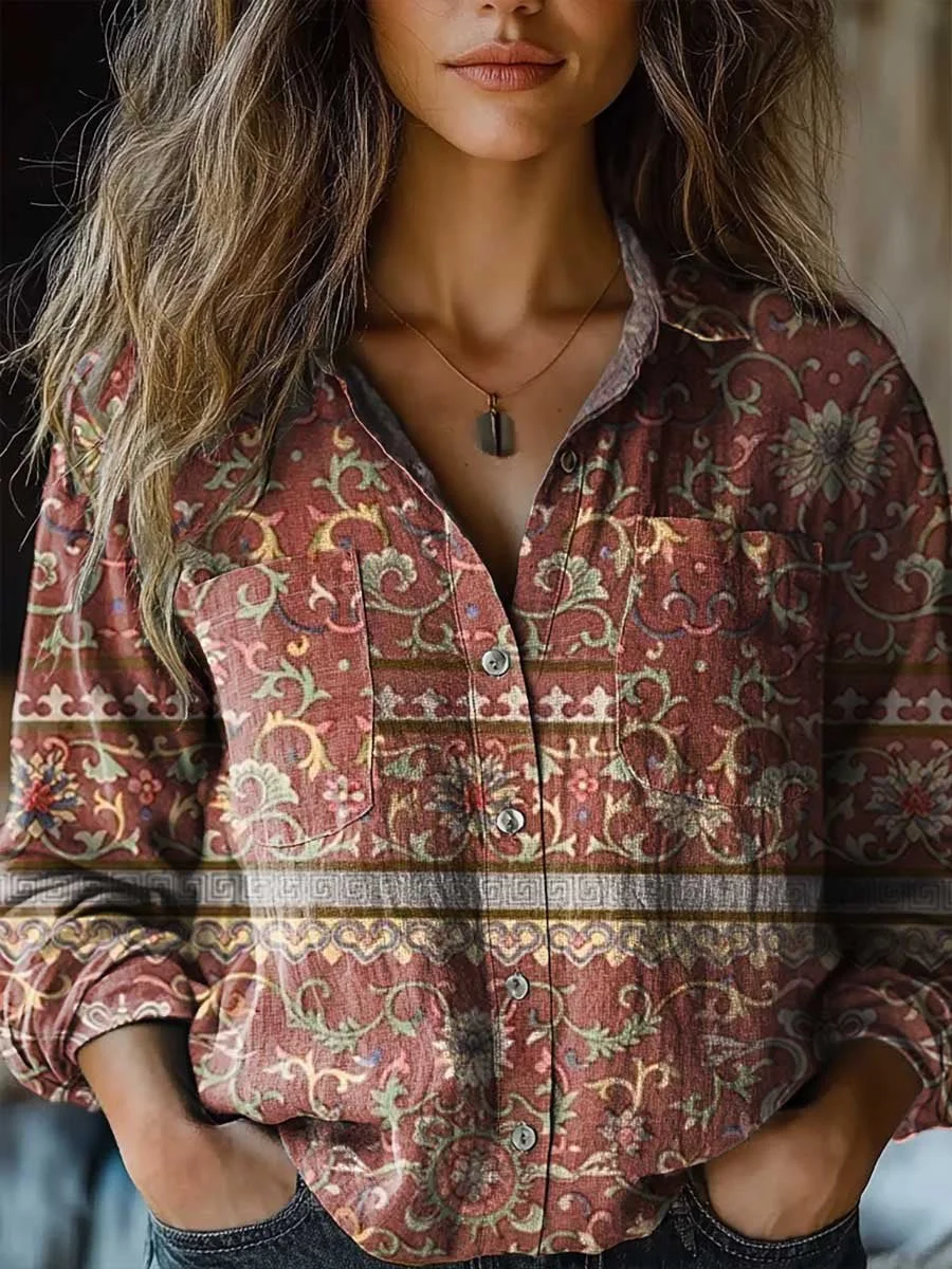 Women's Retro Ethnic Floral Pattern Art Print Casual Long Sleeve Comfortable Cotton Shirt
