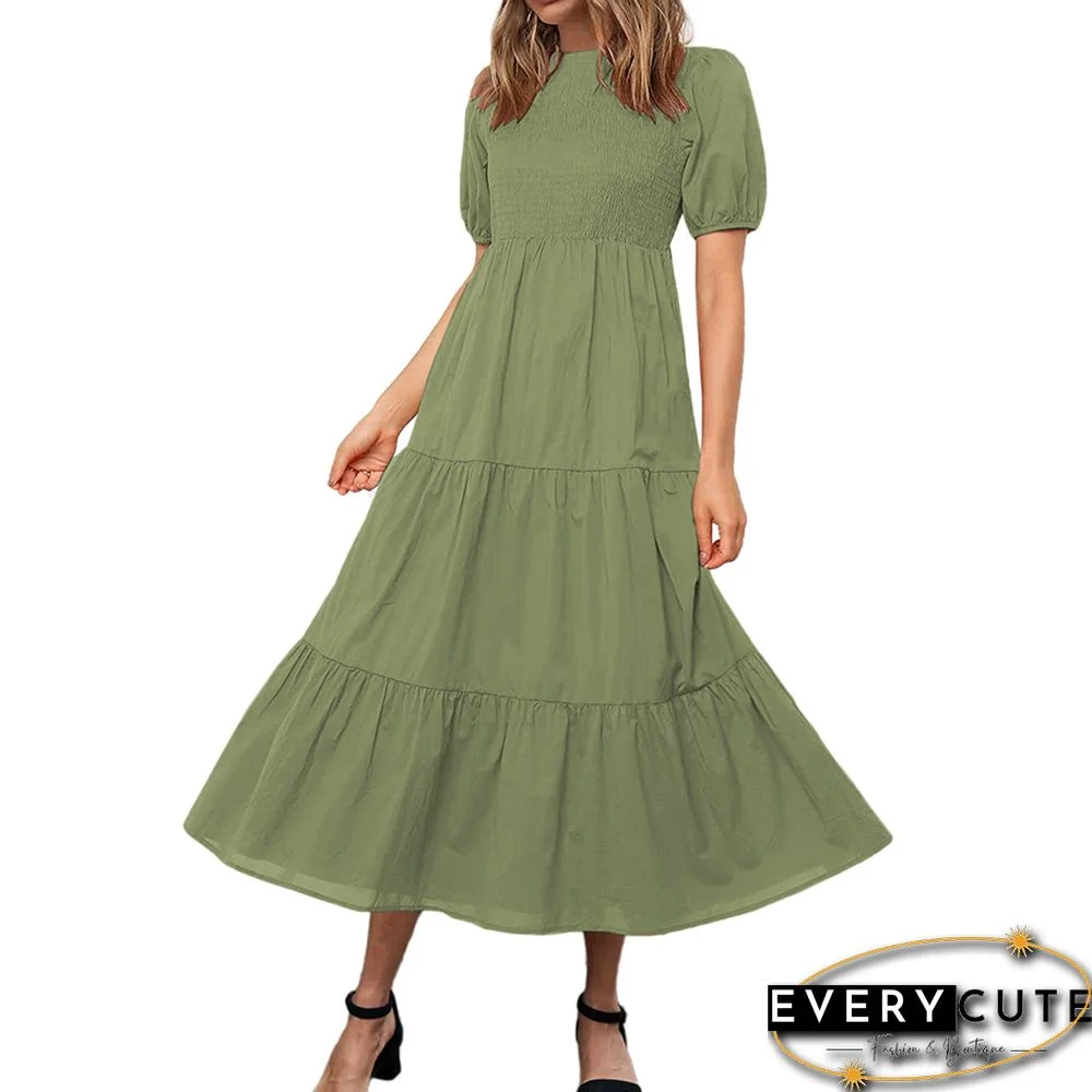 Grass Green Back Lace-up Pleated Short Sleeve Midi Dress