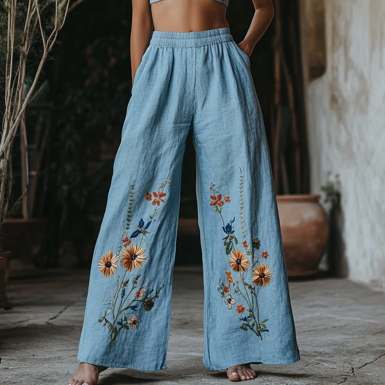 Utbros Women's Floral Embroidered Pattern Linen Blend Casual Pants