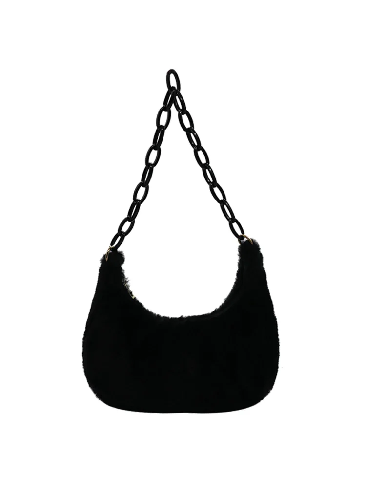Retro Women Plush Hobos Underarm Bag Autumn Acrylic Chain Handbags (Black)