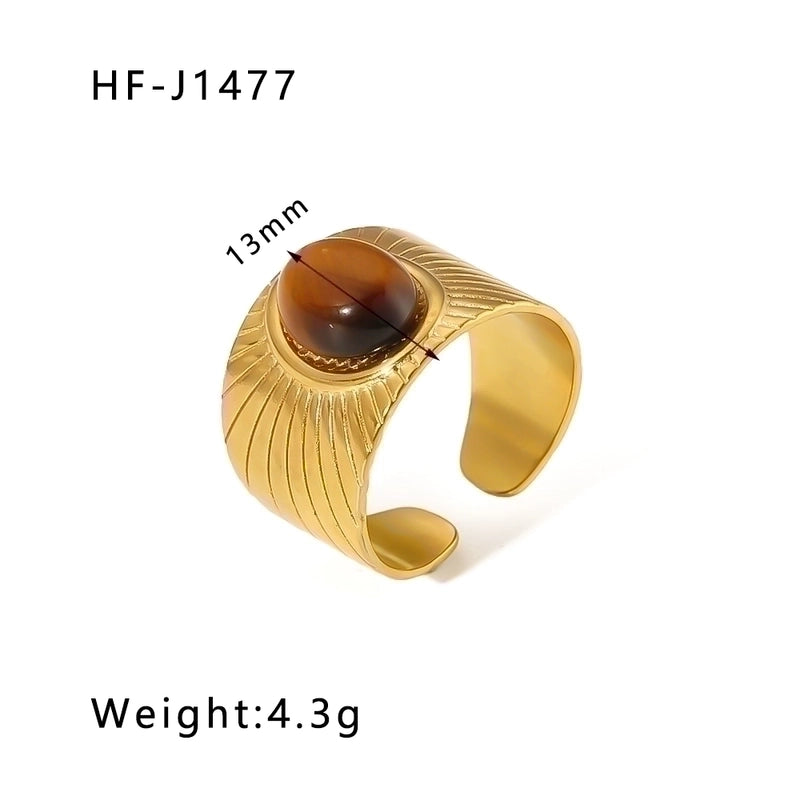 Stainless Steel 18K Gold Plated Basic Vintage Style Plating Inlay Round Natural Stone Open Rings