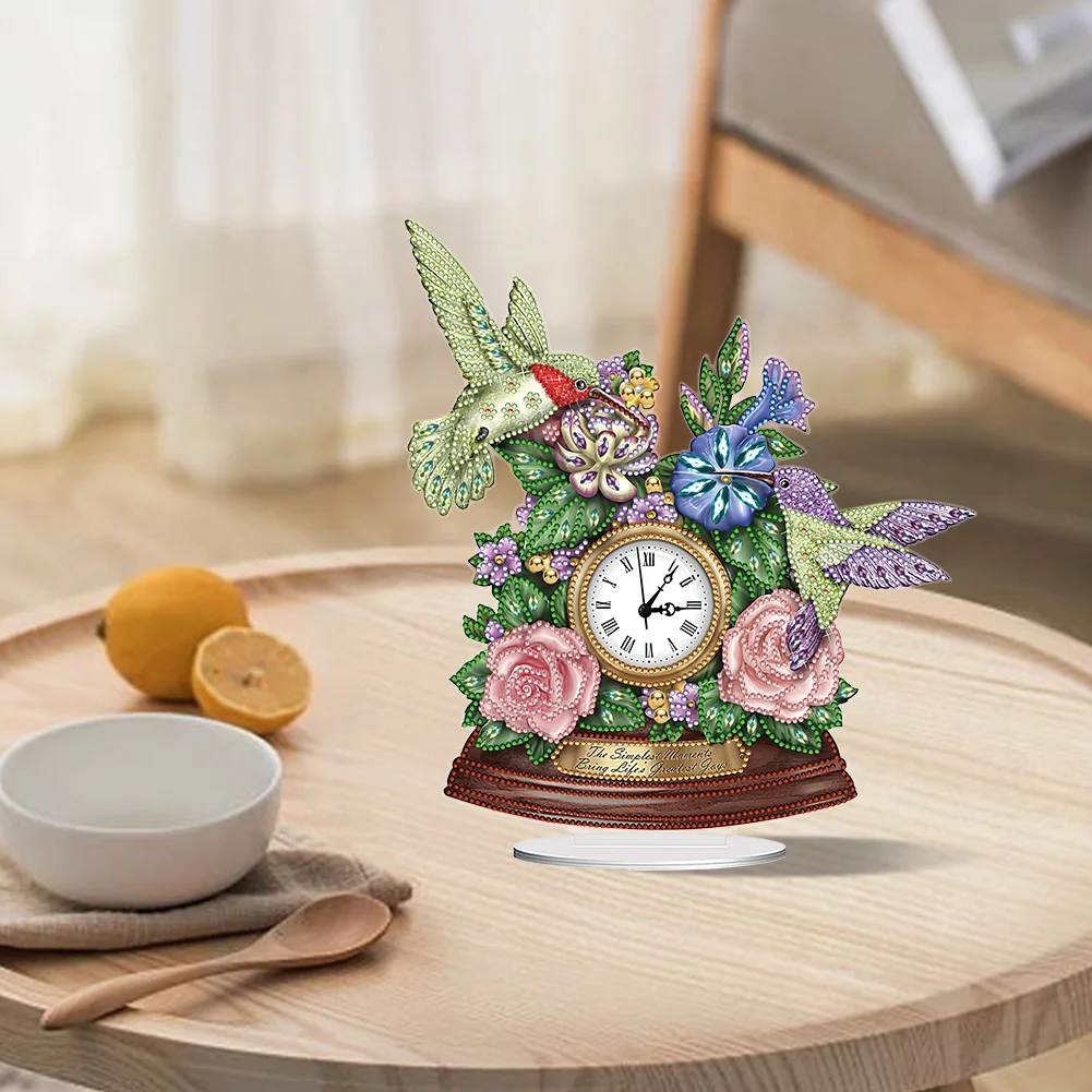 DIY Flower Hummingbird Special Shape Acrylic Diamond Painting Clock Art Craft