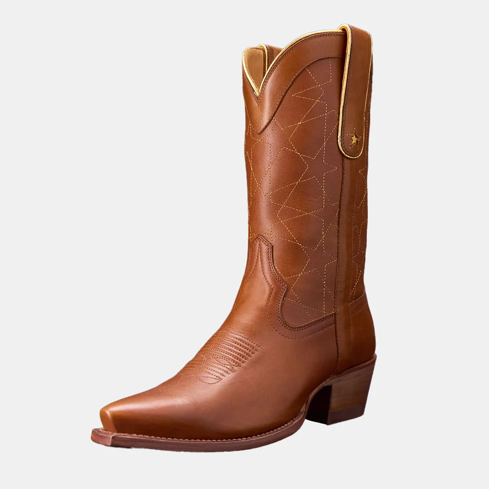 Brown Snip Toe Chunky Heel Star Stitching Mid Calf Cowgirl Boots