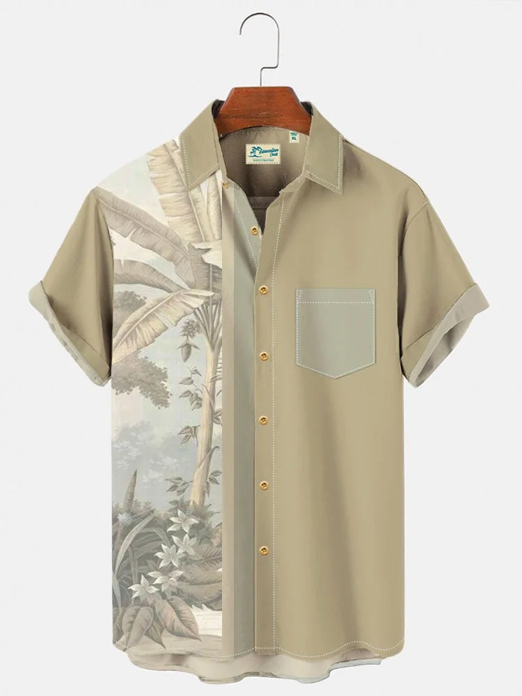 Men's Vintage Casual Hawaiian Shirts Tropical Leaves Palm Tree Print Wrinkle Tops