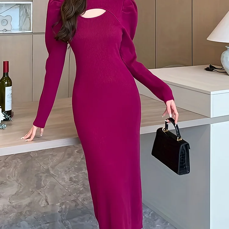 Solid Cut Out Knitted Bodycon Dress, Elegant Puff Long Sleeve Dress, Women's Clothing