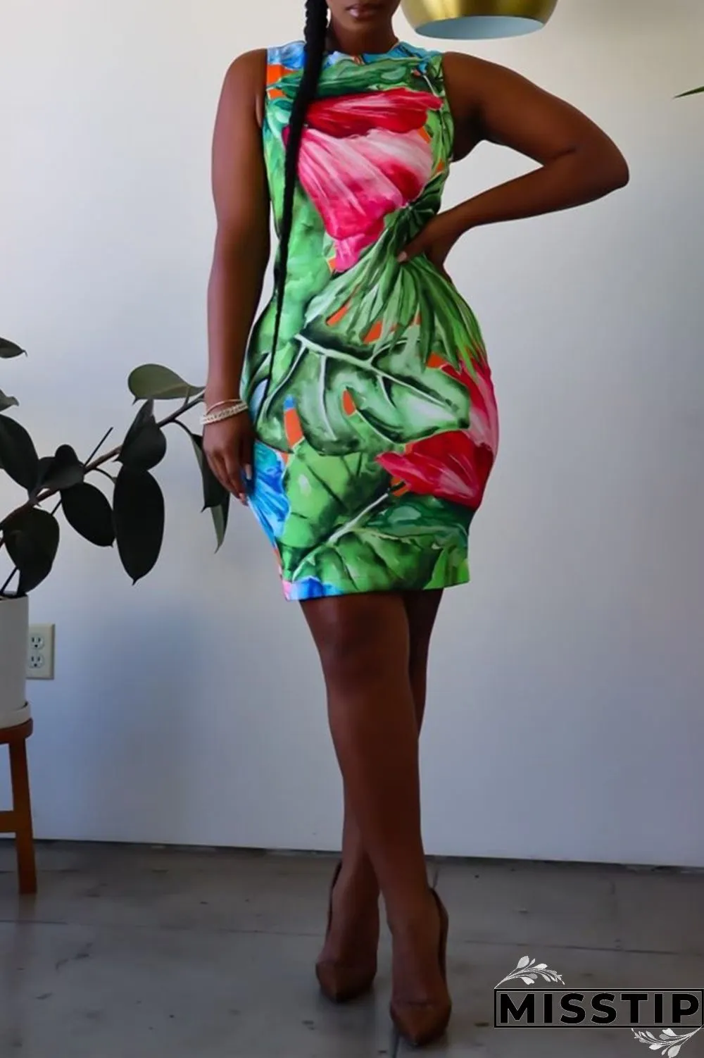 Green Fashion Sexy Print Basic O Neck Vest Dress