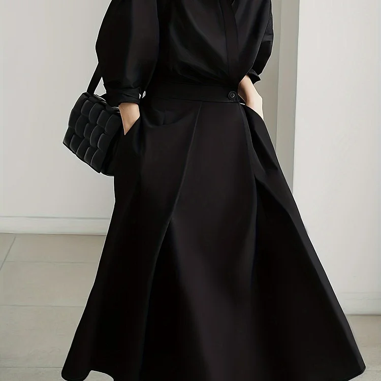 Solid Button Front Maxi Dress, Elegant Long Sleeve Aline Dress For Spring & Fall, Women's Clothing
