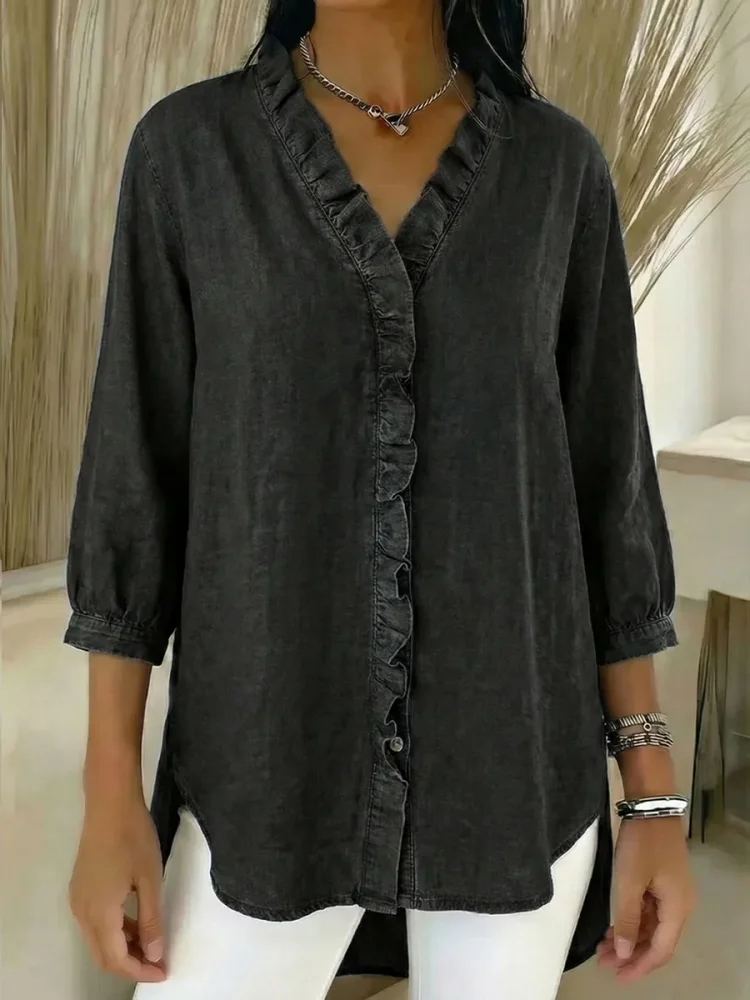Women's Casual Denim V-Neck Ruffled Shirt socialshop