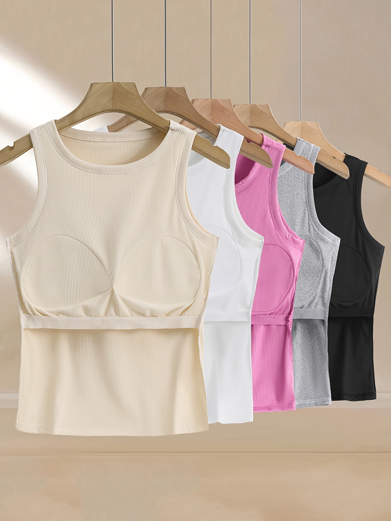 5pcs Set Solid Color Casual Round Neck Sports Vest, Sleeveless Wide Shoulder Strap Running Fitness Vest T-Shirt, With Built-In Chest Pad, No Need To Wear Underwear, Can Be Worn As An Inner Layer Or As An Outer Layer, Women's Sportswear | IFYHOME