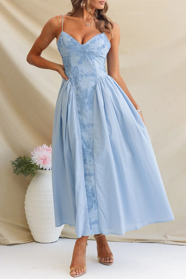 Floral Pattern Cinch Waist V Neck Strappy Maxi Dresses-Blue [Pre Order]