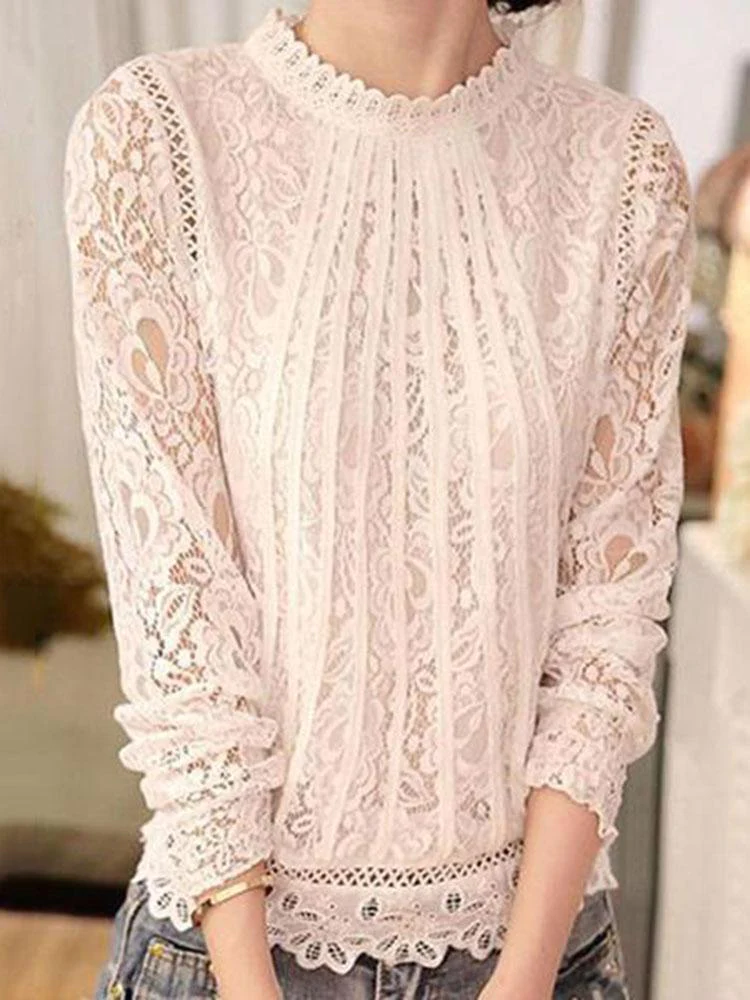 High Neck See-Through Floral Blouses