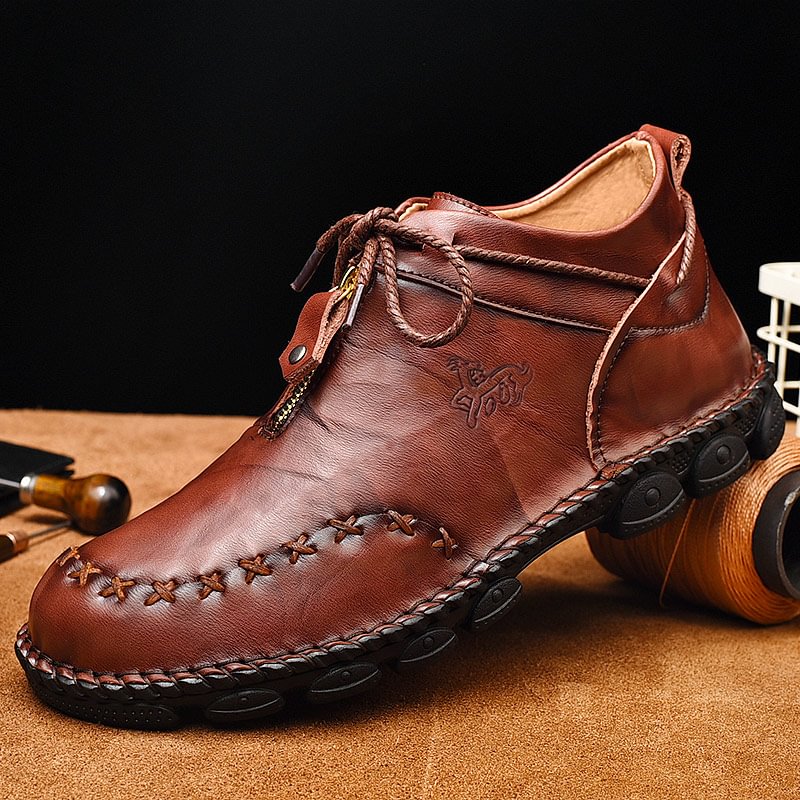 men hand stitching leather non slip side zipper casual boots