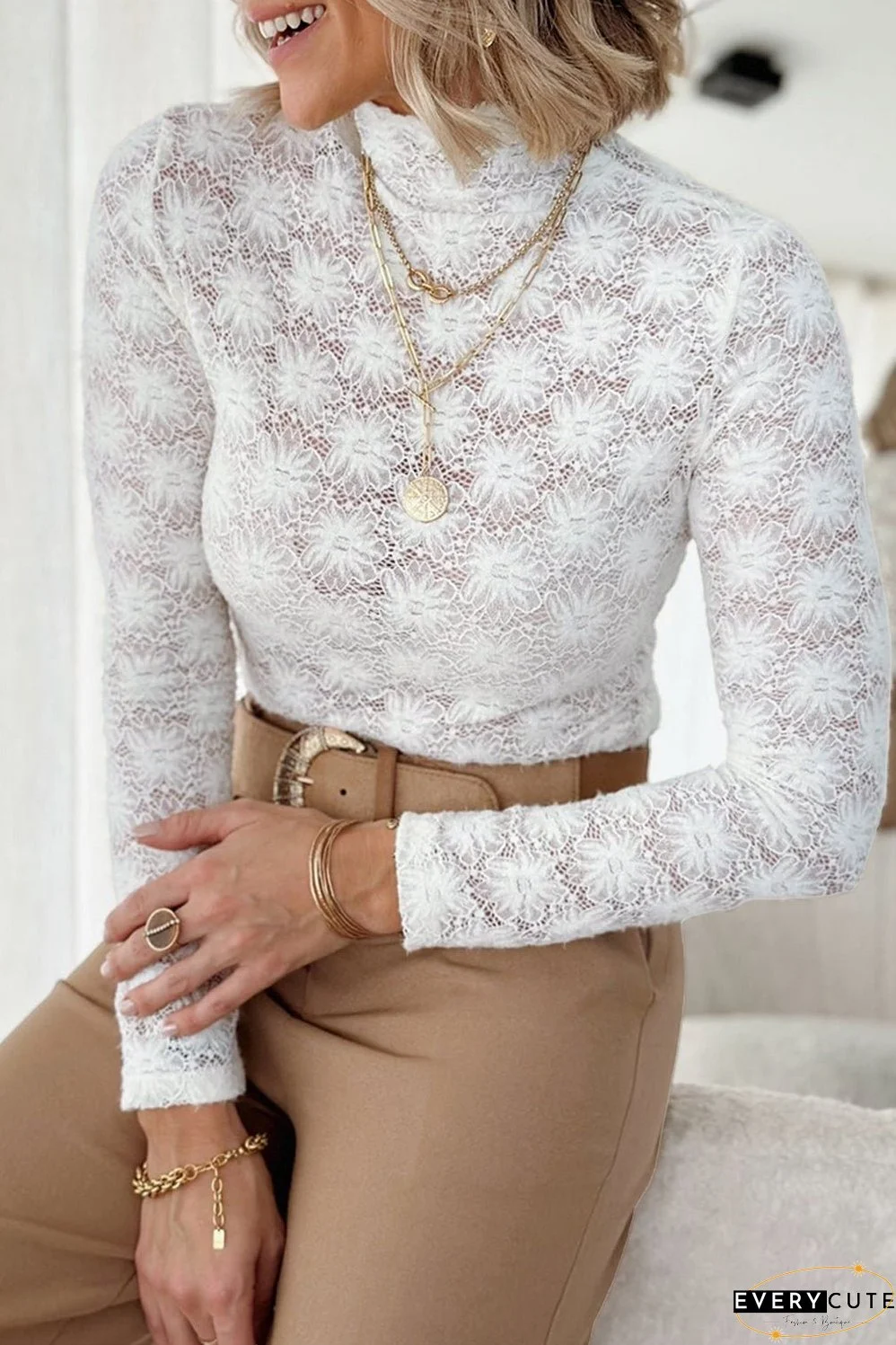 White Floral Lace High Neck Long Sleeve Top