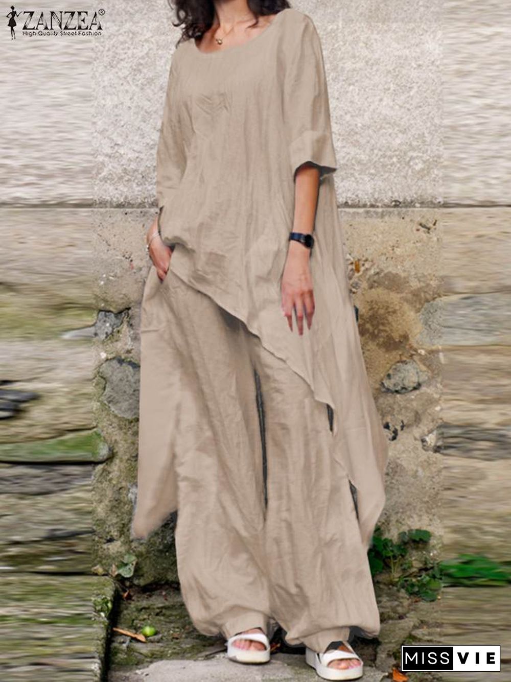 Two Piece Sets Women Tracksuit Zanzea Fashion Summer Matching Sets 2Pcs Casual 3/4 Sleeve Irregular Blouse Suits Urban Outifits7