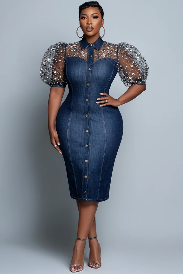 Xpluswear Design Plus Size Party Sequin Blue Shirt Collar Puff Sleeve Short Sleeve See Through Elegant Bodycon Tencel Denim Midi Dresses 2024 - Xpluswear