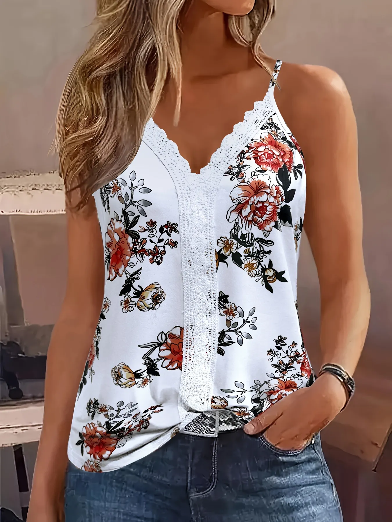 Summer Sexy Womens Floral Print Lace Trim Sleeveless V-Neck Tank Top Breathable Machine