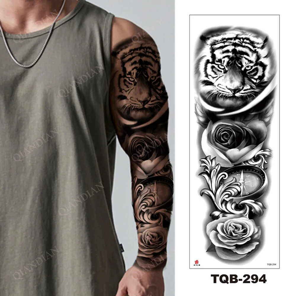 Sdrawing Arm Temporary Tattoo Wolf Lion Fish Horns Geometric Man Body Leg Rose Flower Phoenix Waterproof Sticker Cool Women Tatoo